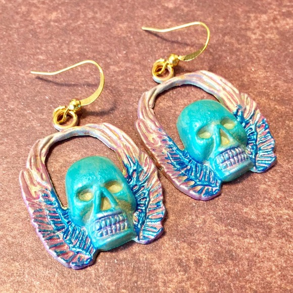 Hand Crafted Jewelry - Handmade colorful winged skull earrings